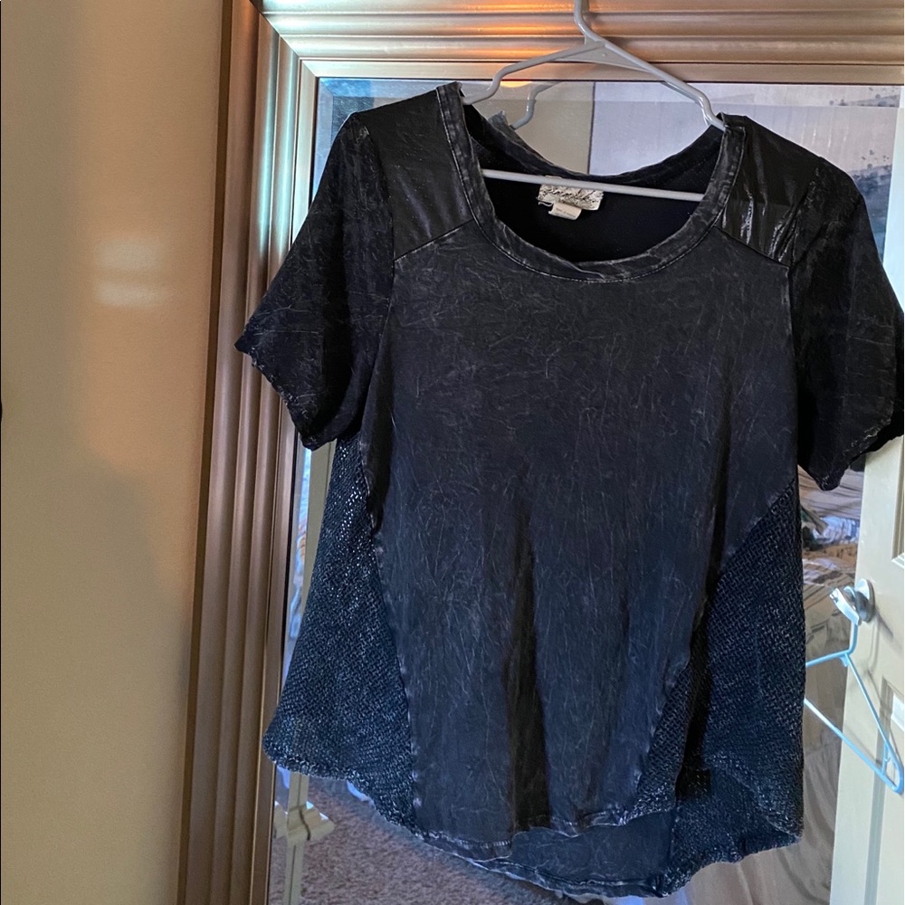 Black top with pleather and mesh details